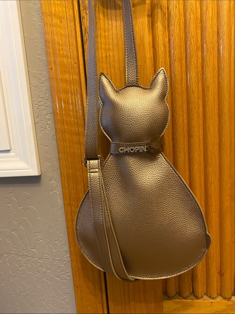 Italian Made Chopin Metallic Taupe Cat crossbody purse w/ Rhinestones